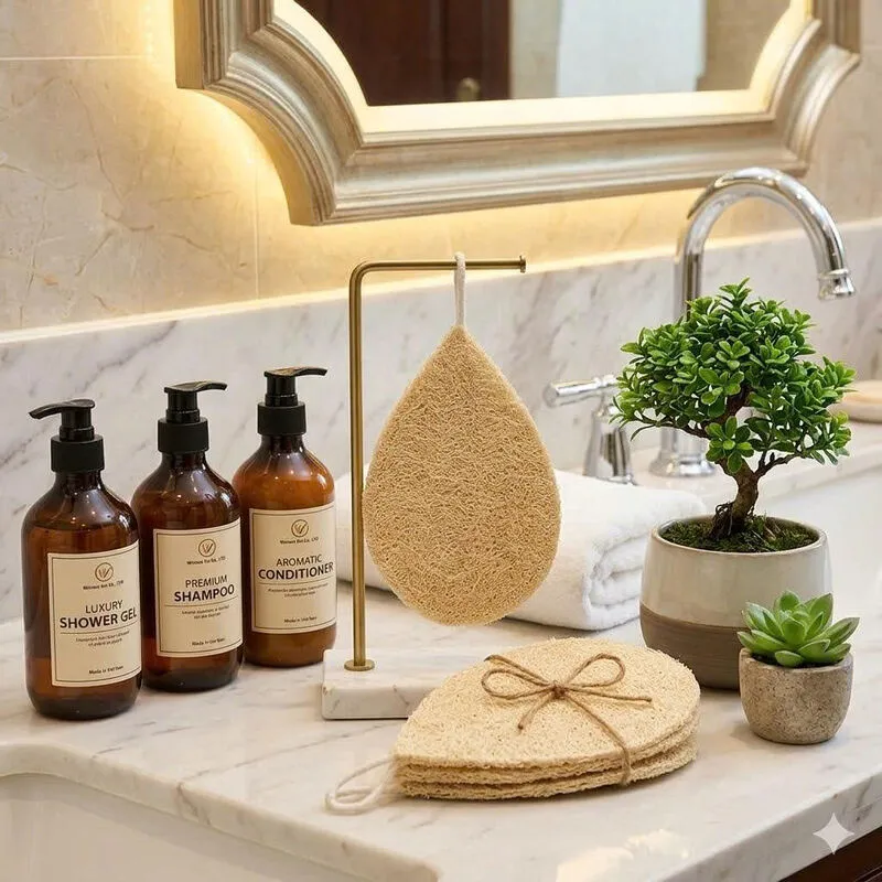 Natural loofah amenities in an eco hotel bathroom