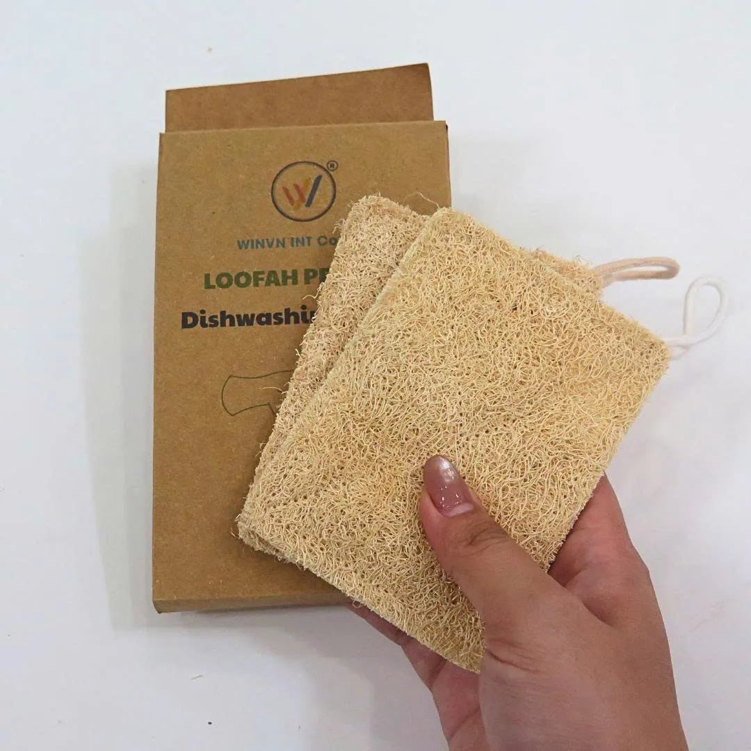 Hand holding a rectangular natural loofah dish sponge next to its kraft paper retail box