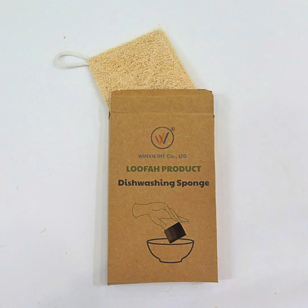 Rectangular loofah dish sponge standing in a printed kraft retail box