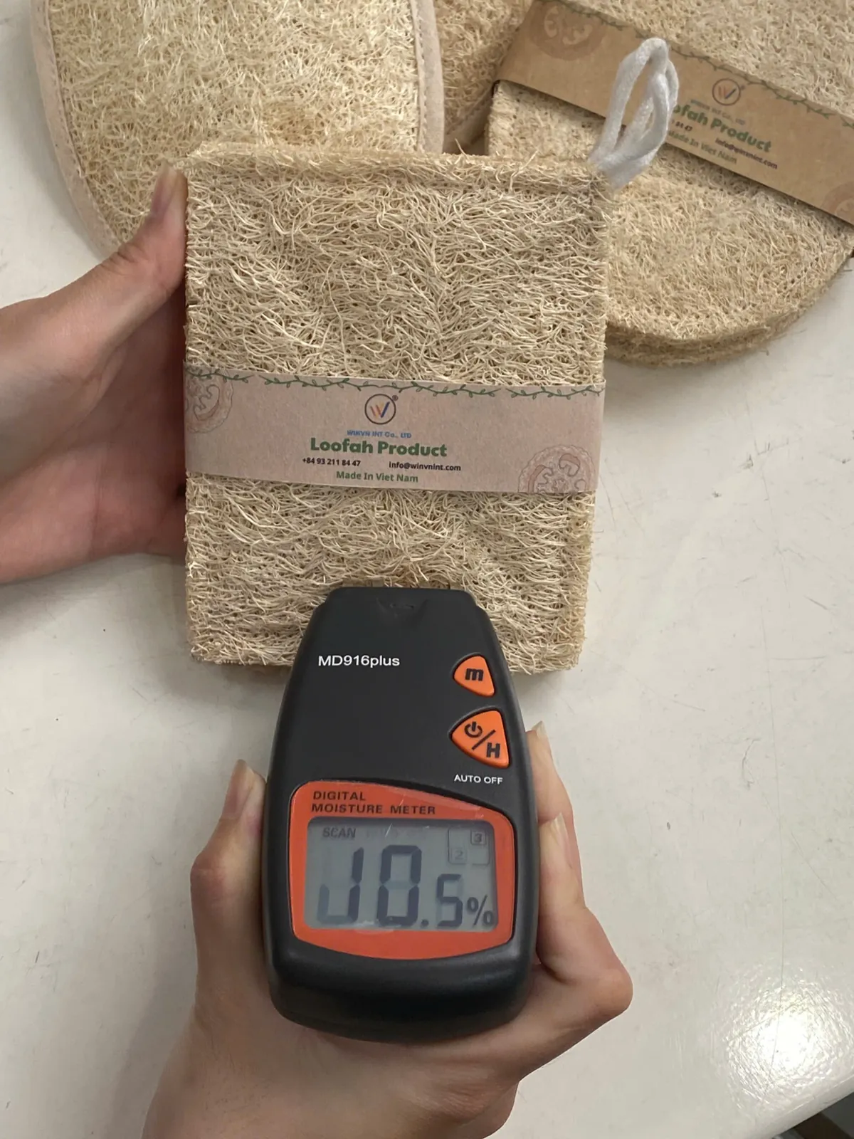 Digital moisture meter reading 10.5% on a rectangular loofah dish sponge