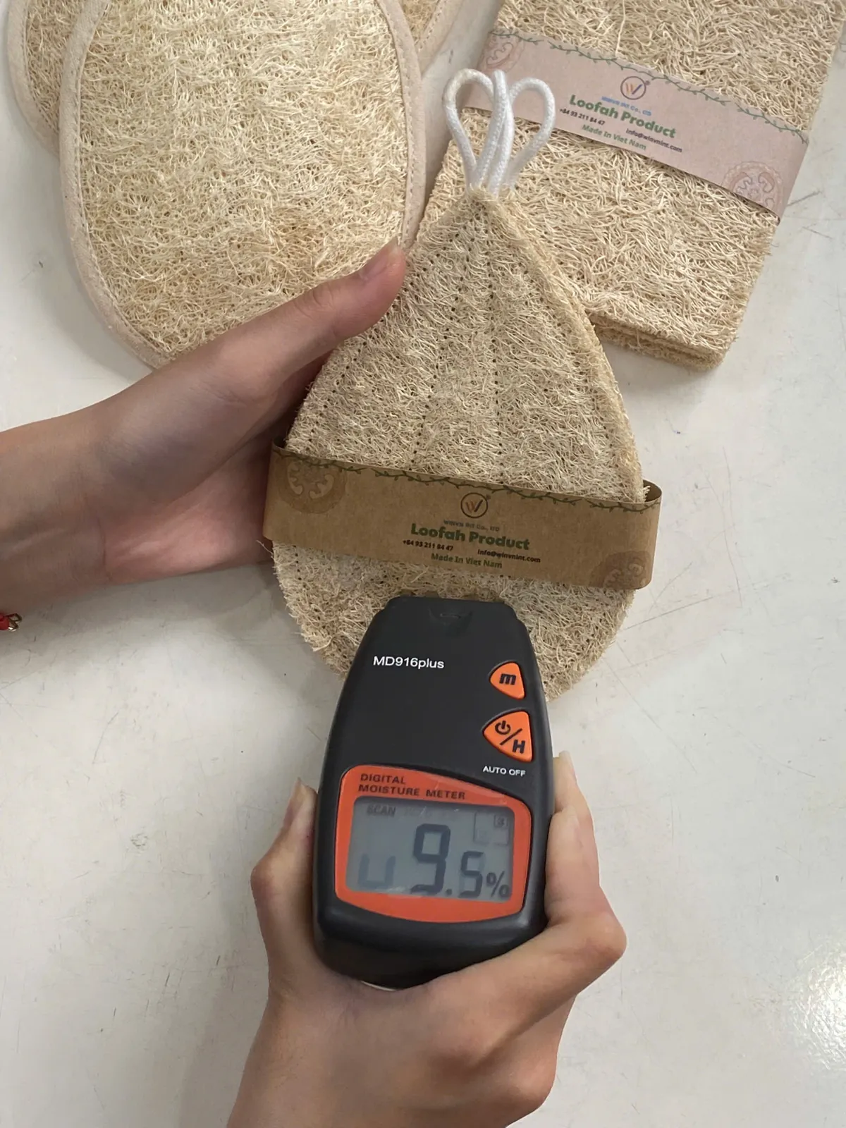 Digital moisture meter reading 9.5% on a teardrop loofah dish sponge