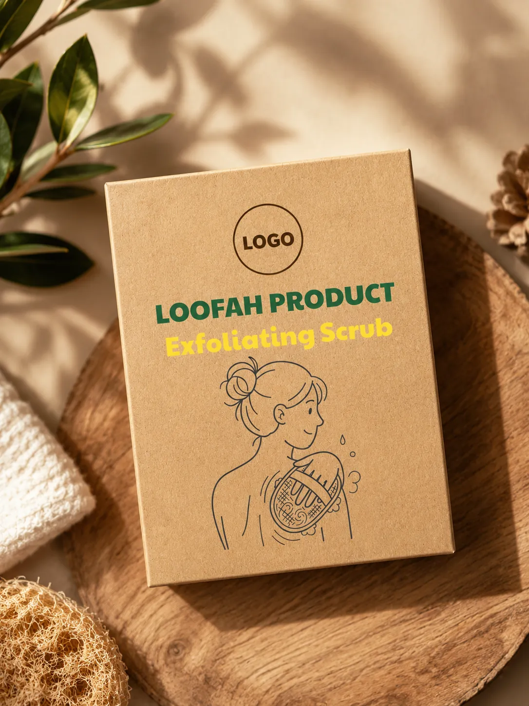 Printed kraft box for a loofah exfoliating scrub, a packaging design mockup
