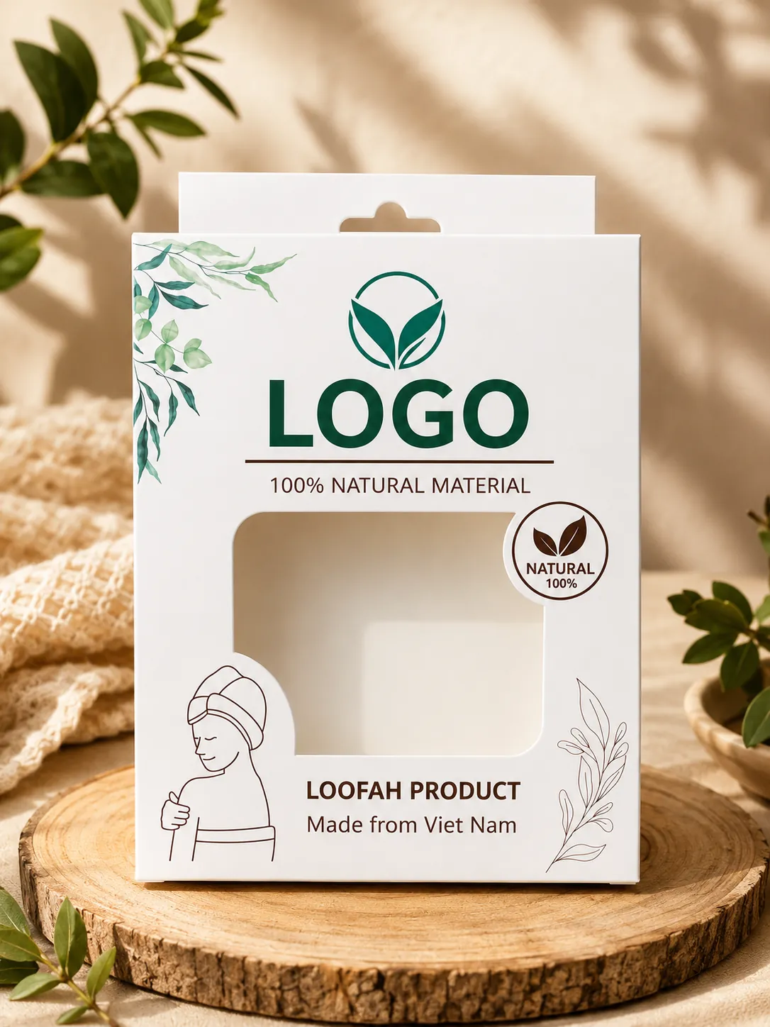 White window box for a loofah product, a packaging design mockup