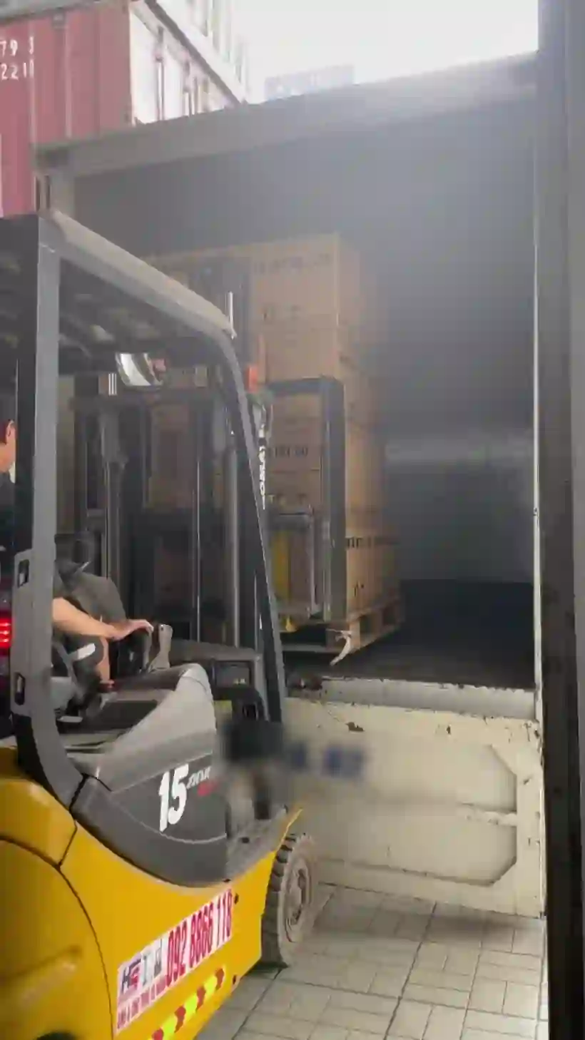 Forklift loading packed loofah cartons for export