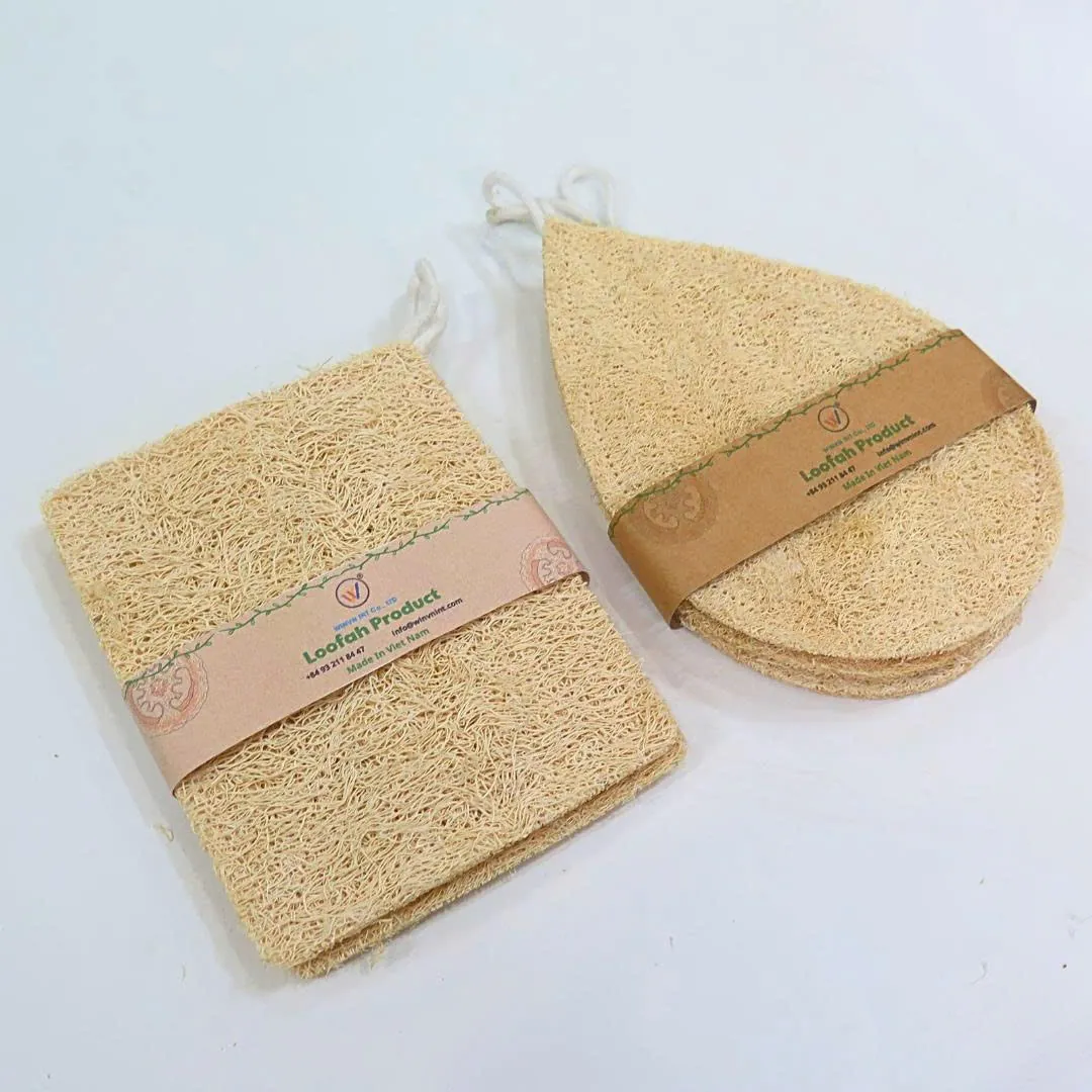 Rectangular and teardrop natural loofah dish sponges with kraft paper bands