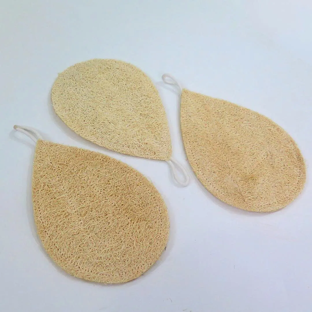 Three flat teardrop natural loofah sponges with hanging loops