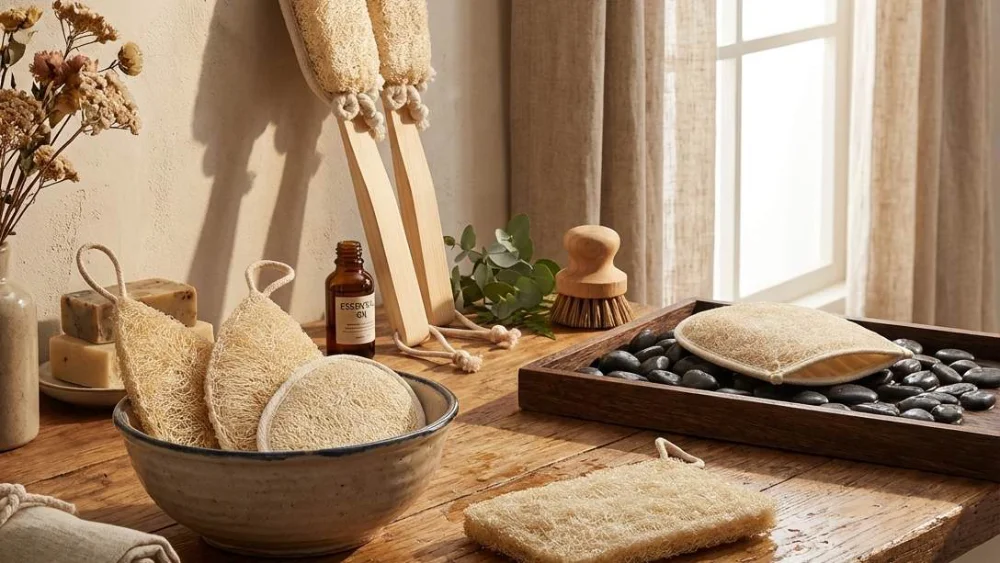 Loofah bath and body range on a wooden tray: back brush, pads and bowl of sponges