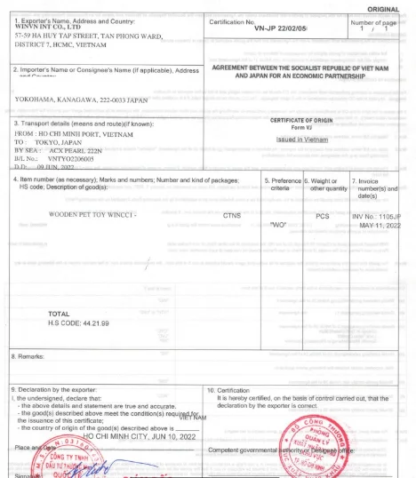 Certificate of Origin